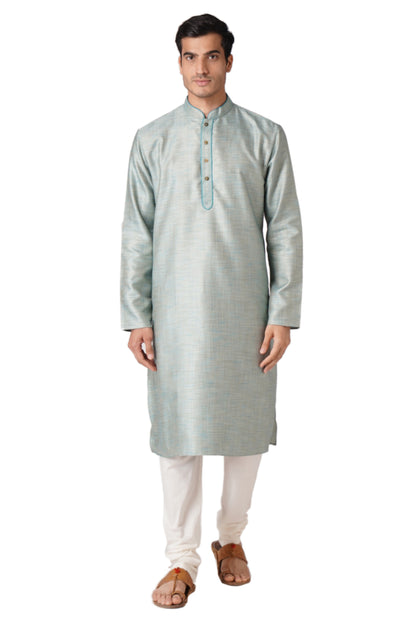 Full Sleeve Self Design Kurta and Churidar Set in Blue Cotton Blend