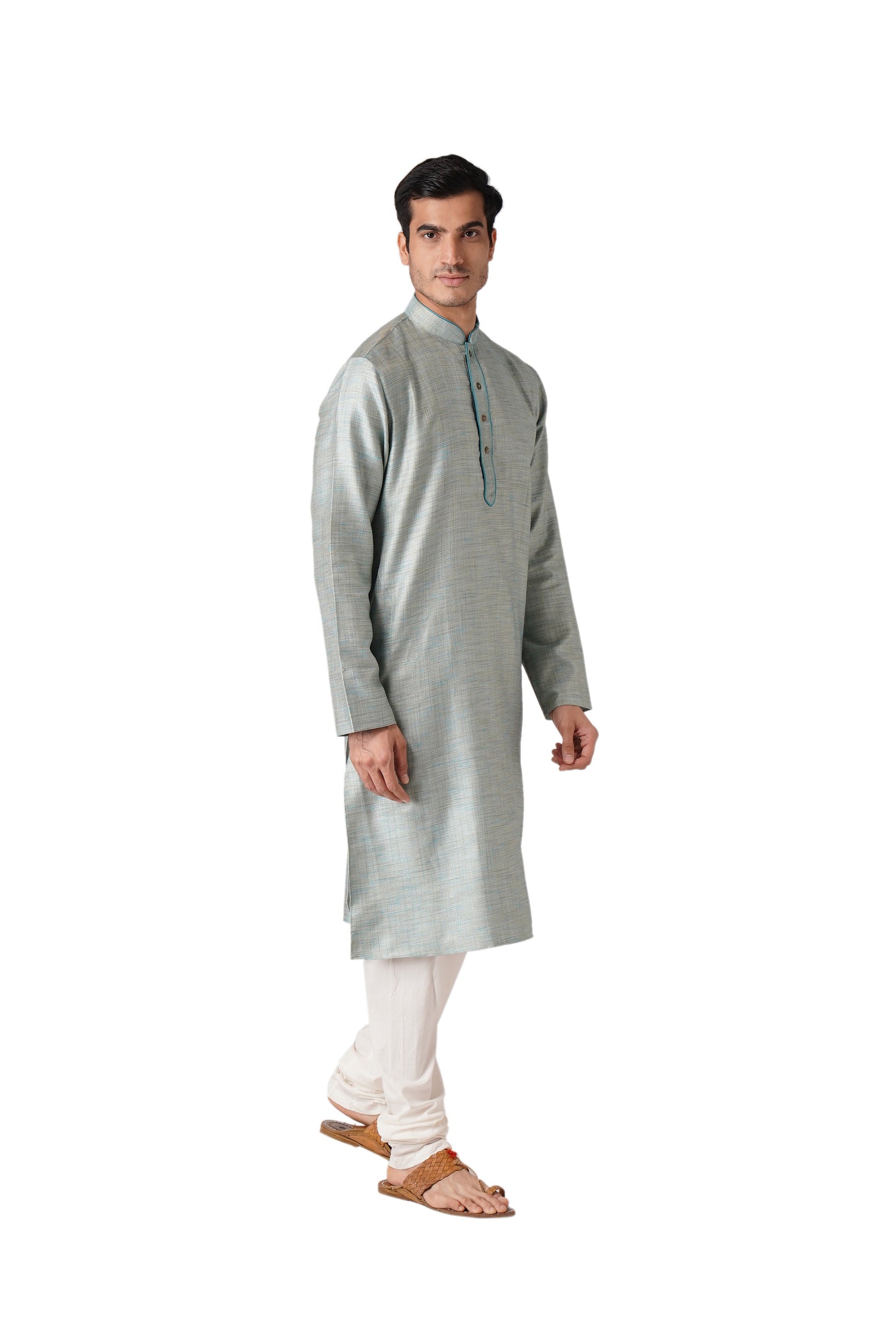 Full Sleeve Self Design Kurta and Churidar Set in Blue Cotton Blend