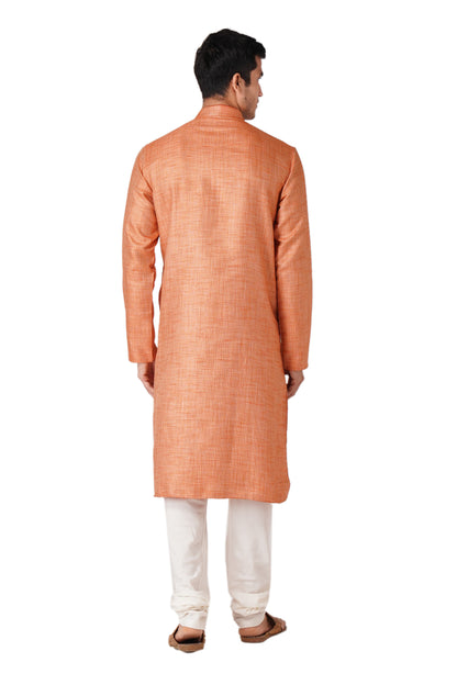 Full Sleeve Self Design Kurta and Churidar Set in Orange Cotton Blend