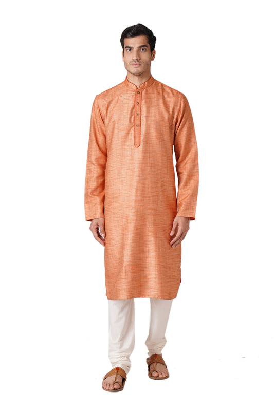 Full Sleeve Self Design Kurta and Churidar Set in Orange Cotton Blend