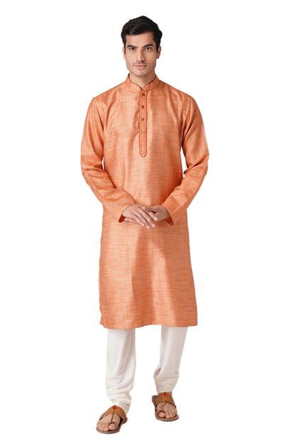 Full Sleeve Self Design Kurta and Churidar Set in Orange Cotton Blend