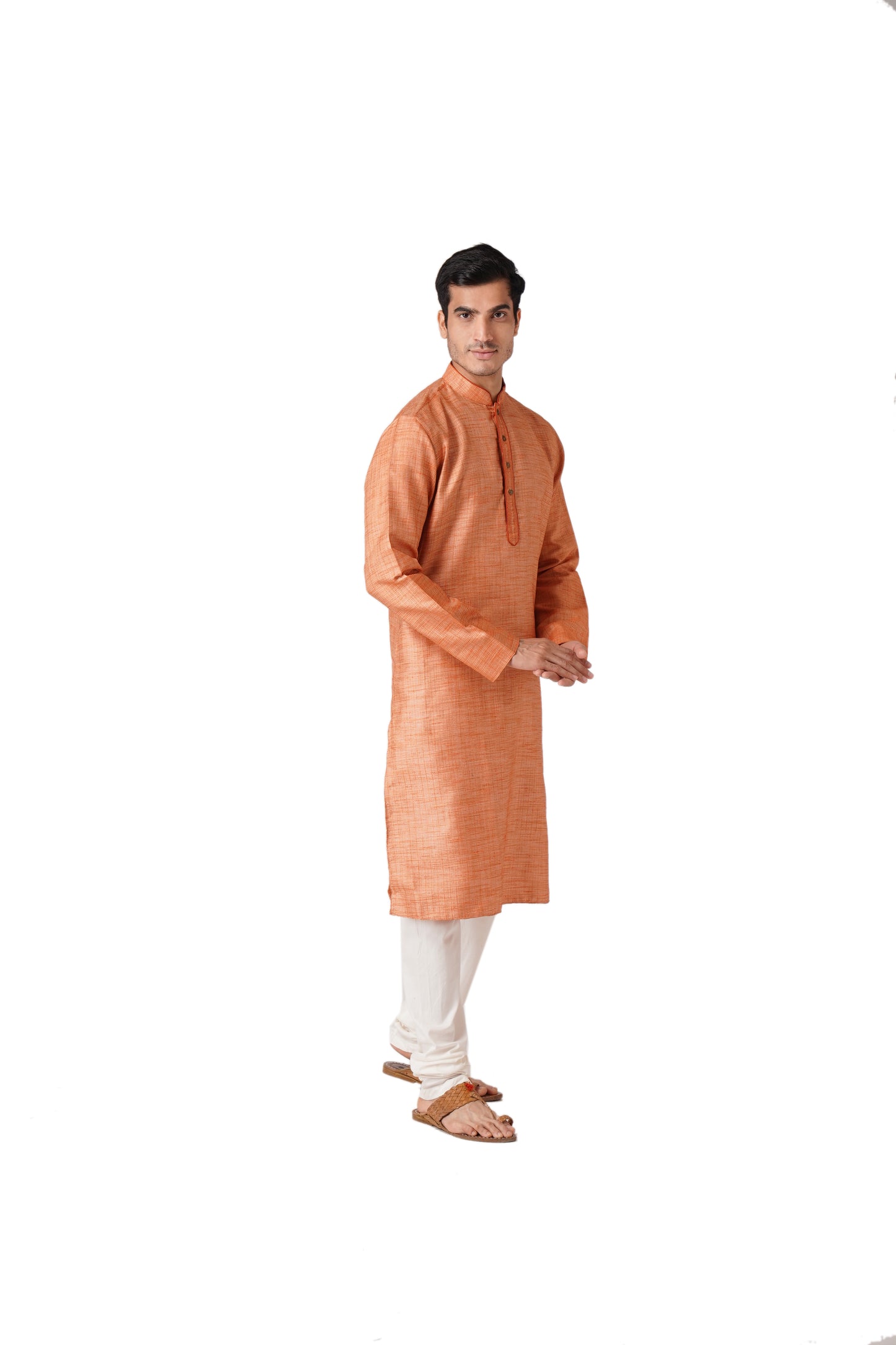 Full Sleeve Self Design Kurta and Churidar Set in Orange Cotton Blend
