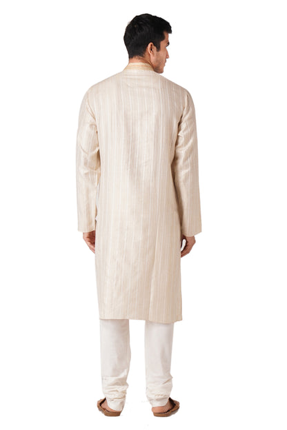 Full Sleeve Self Design Kurta and Churidar Set in Beige Pure Cotton