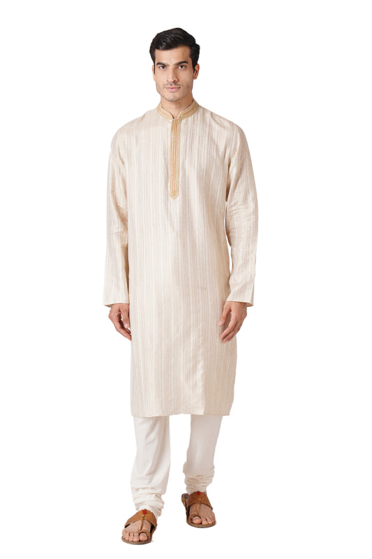 Full Sleeve Self Design Kurta and Churidar Set in Beige Pure Cotton