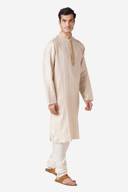 Full Sleeve Self Design Kurta and Churidar Set in Beige Pure Cotton