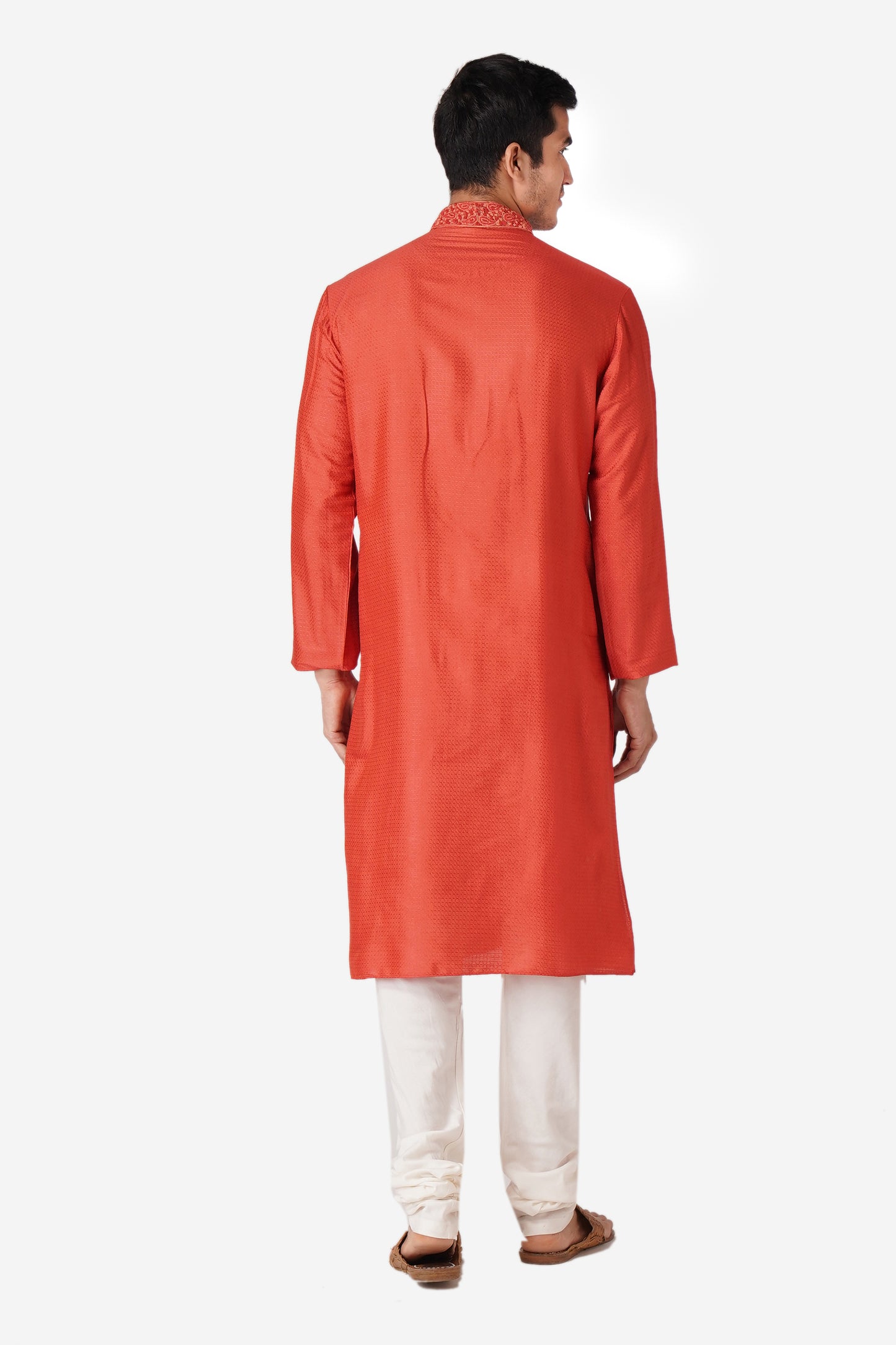 Full Sleeve Self Design Kurta and Churidar Set in Orange Cotton Silk