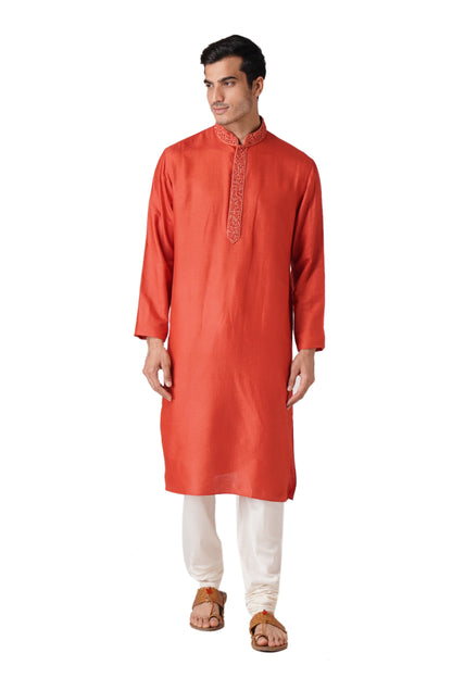 Full Sleeve Self Design Kurta and Churidar Set in Orange Cotton Silk