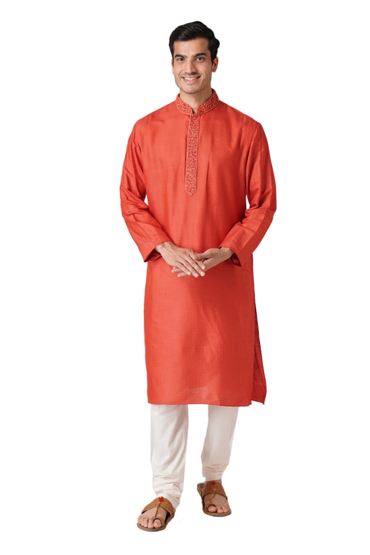 Full Sleeve Self Design Kurta and Churidar Set in Orange Cotton Silk