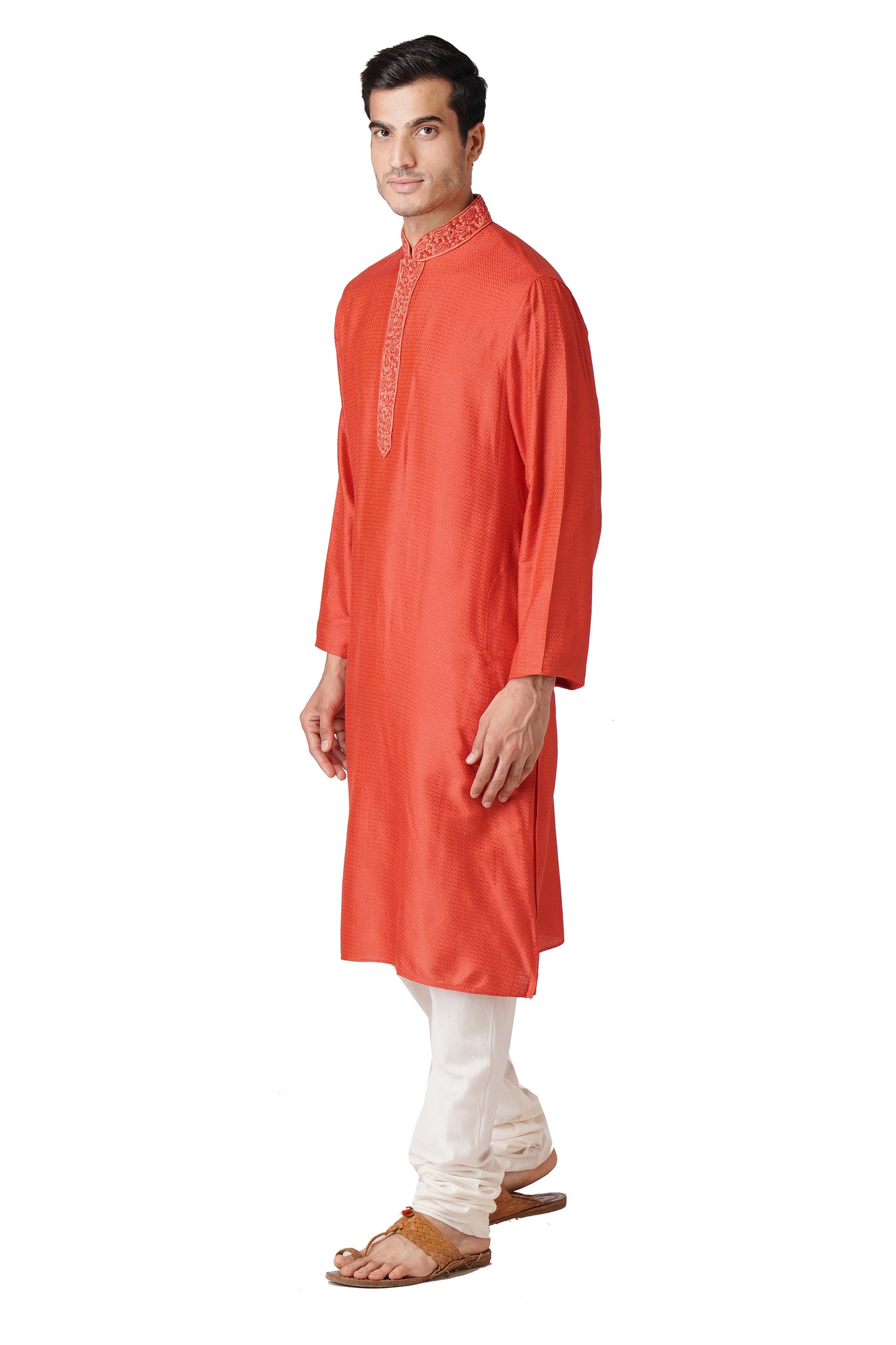 Full Sleeve Self Design Kurta and Churidar Set in Orange Cotton Silk
