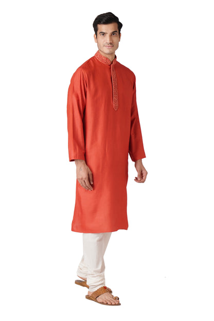 Full Sleeve Self Design Kurta and Churidar Set in Orange Cotton Silk