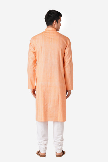 Full Sleeve Solid Kurta and Churidar Set in Orange Khadi Cotton