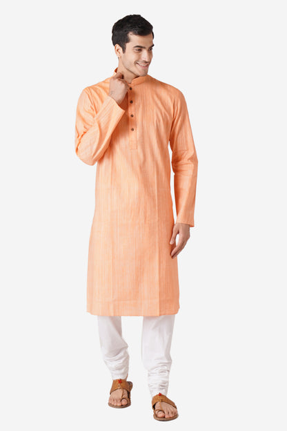 Full Sleeve Solid Kurta and Churidar Set in Orange Khadi Cotton