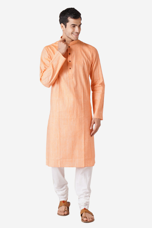 Full Sleeve Solid Kurta and Churidar Set in Orange Khadi Cotton