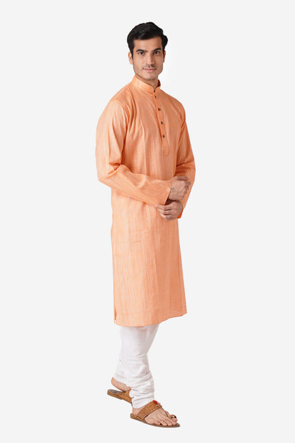Full Sleeve Solid Kurta and Churidar Set in Orange Khadi Cotton