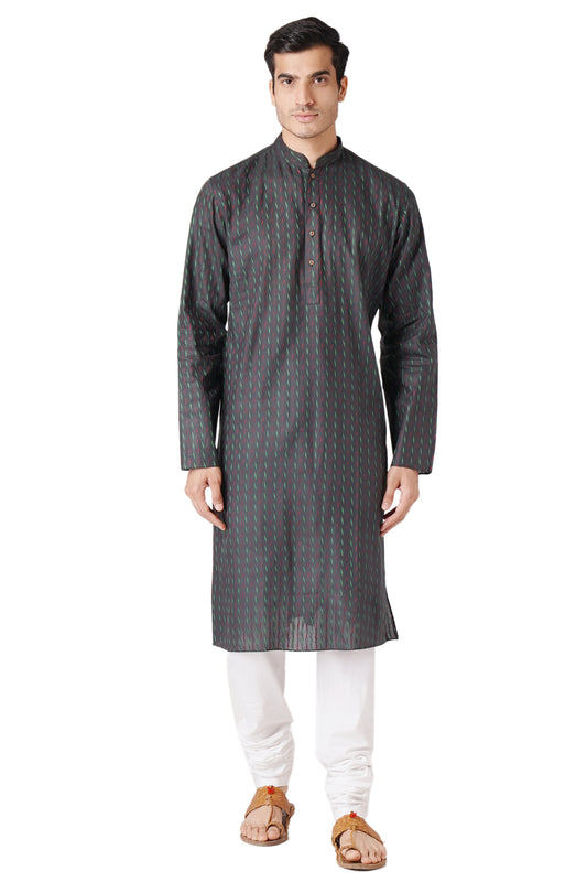 Full Sleeve Self Design Kurta and Churidar Set in Black Pure Cotton