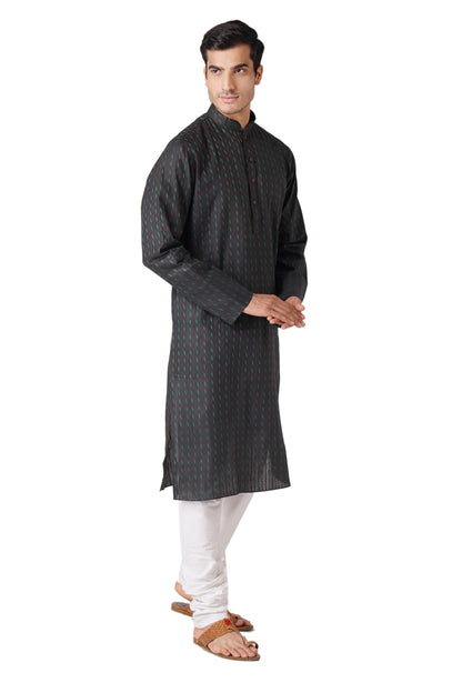 Full Sleeve Self Design Kurta and Churidar Set in Black Pure Cotton