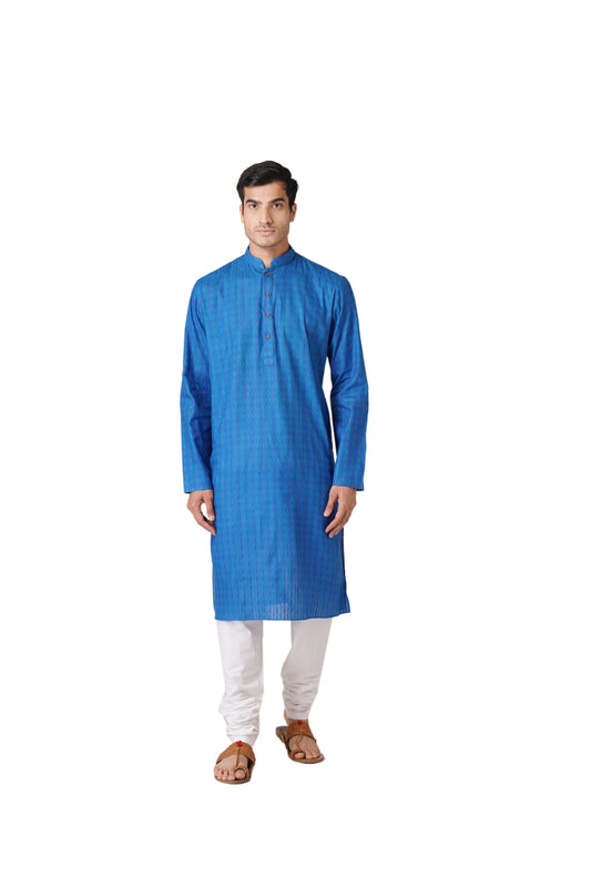 Full Sleeve Self Design Kurta and Churidar Set in Blue Pure Cotton