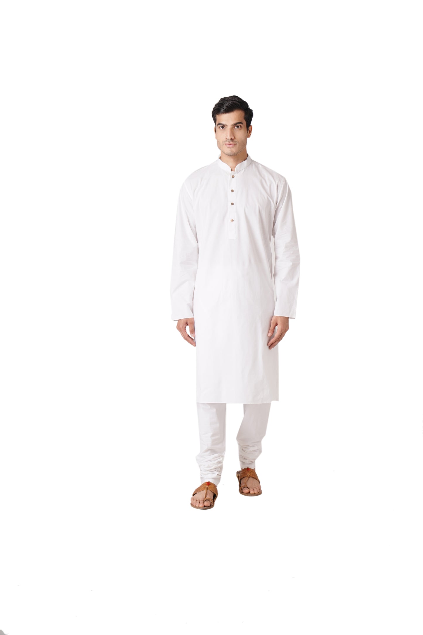 Full Sleeve Solid Kurta and Churidar Set in White Pure Cotton