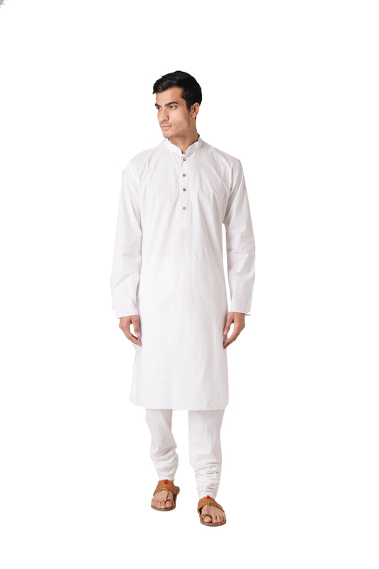 Full Sleeve Solid Kurta and Churidar Set in White Pure Cotton