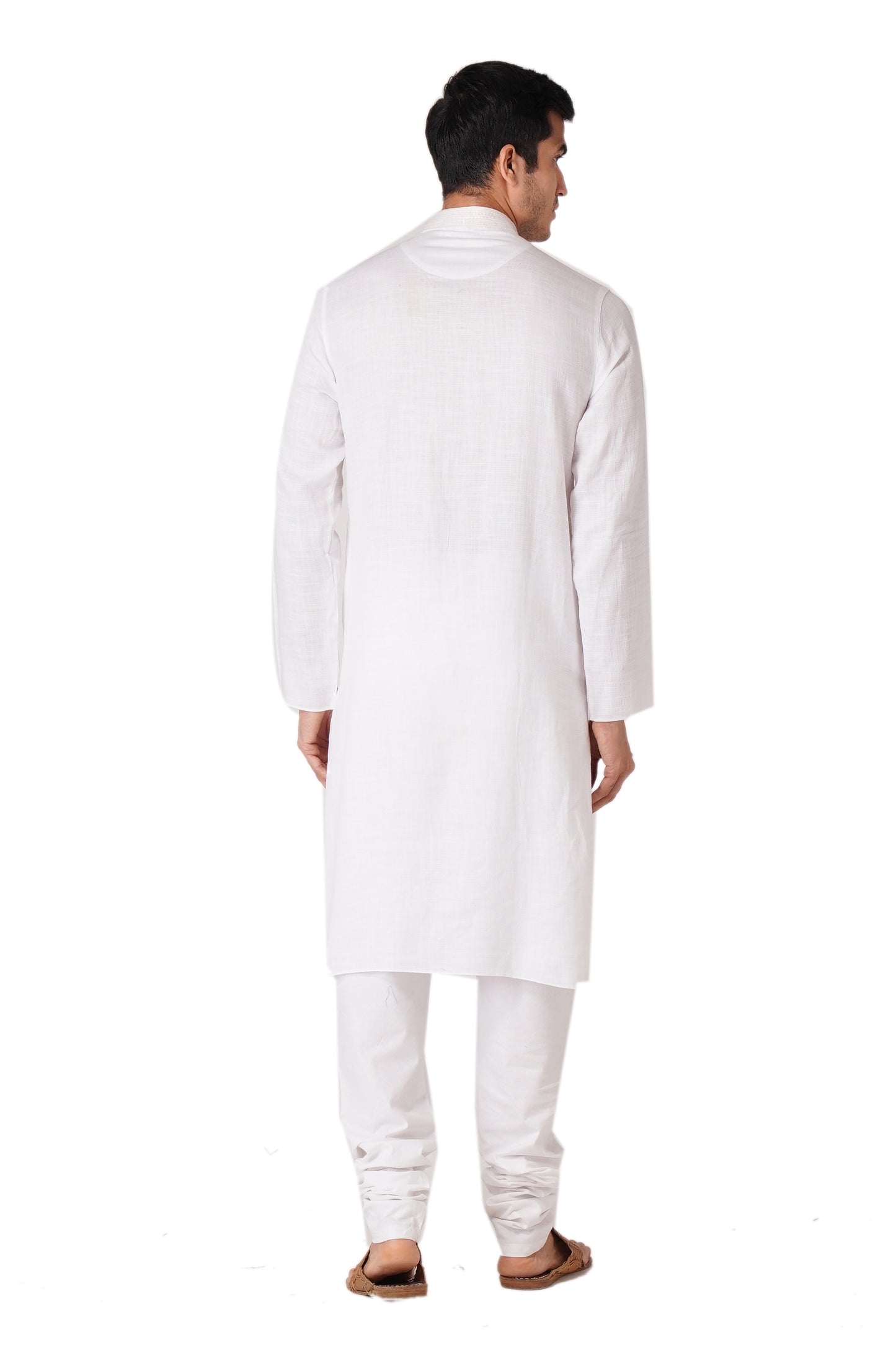 Full Sleeve Self Design Kurta and Churidar Set in White Pure Cotton