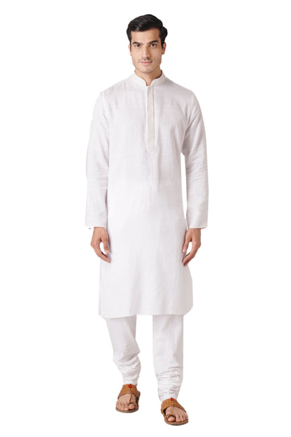 Full Sleeve Self Design Kurta and Churidar Set in White Pure Cotton