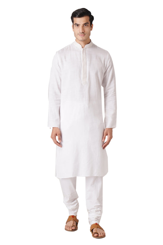 Full Sleeve Self Design Kurta and Churidar Set in White Pure Cotton