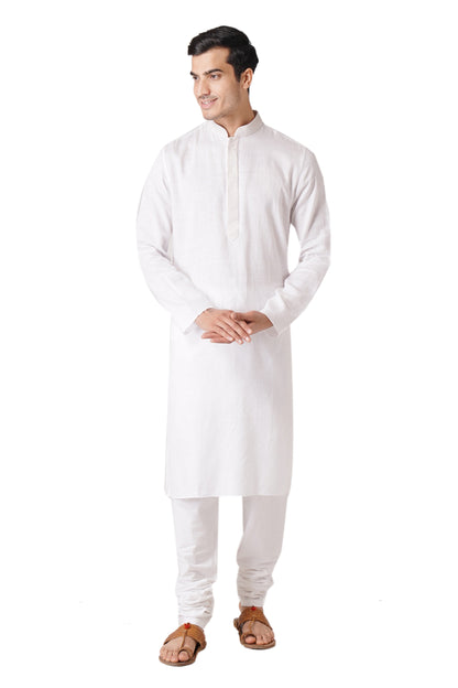 Full Sleeve Self Design Kurta and Churidar Set in White Pure Cotton