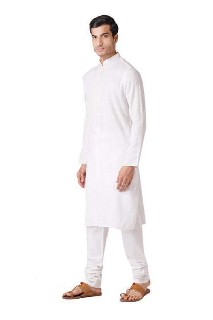 Full Sleeve Self Design Kurta and Churidar Set in White Pure Cotton