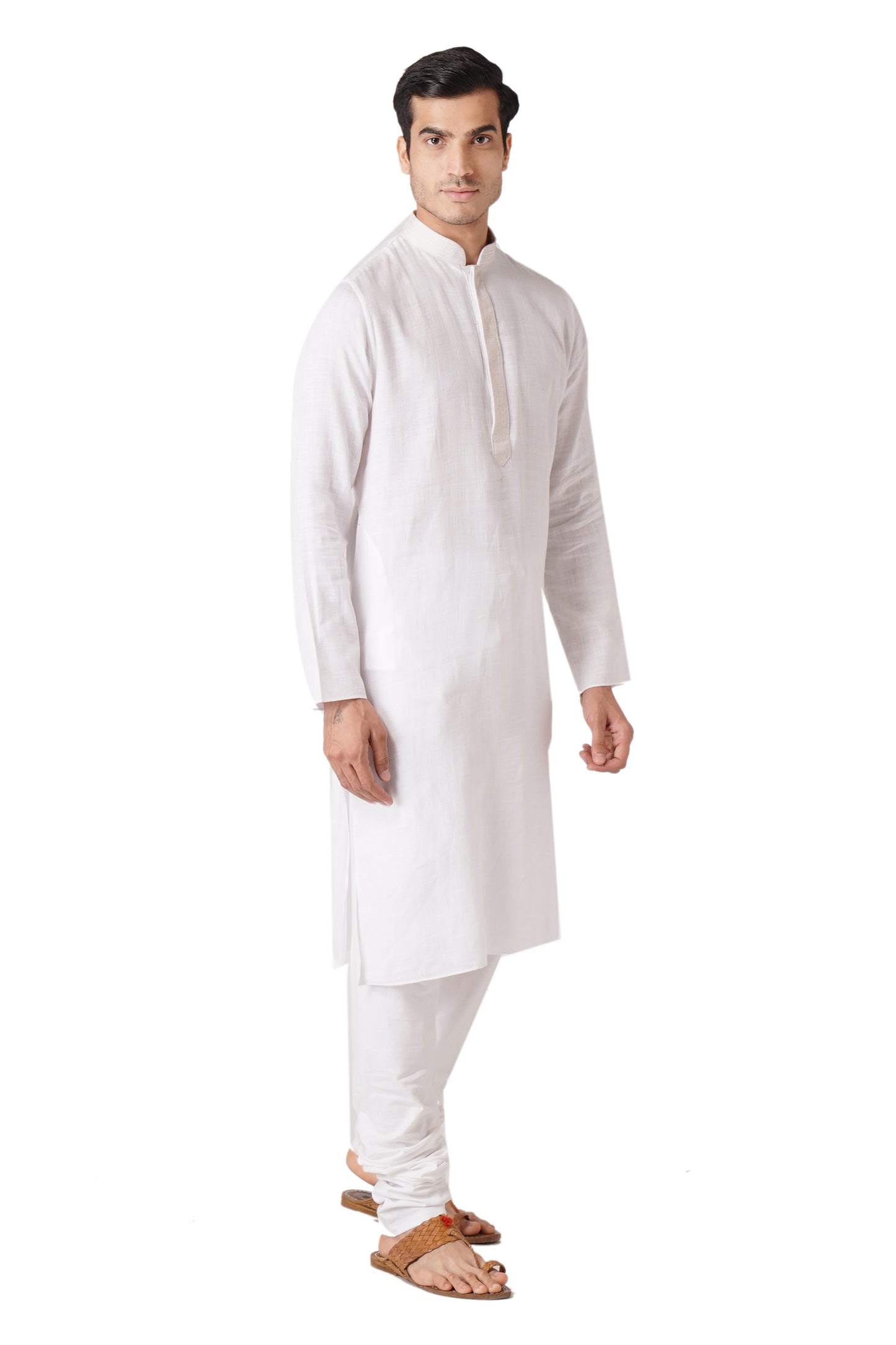 Full Sleeve Self Design Kurta and Churidar Set in White Pure Cotton