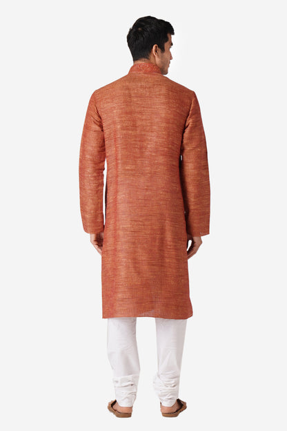 Full Sleeve Solid Kurta and Churidar Set in Red Khadi Cotton