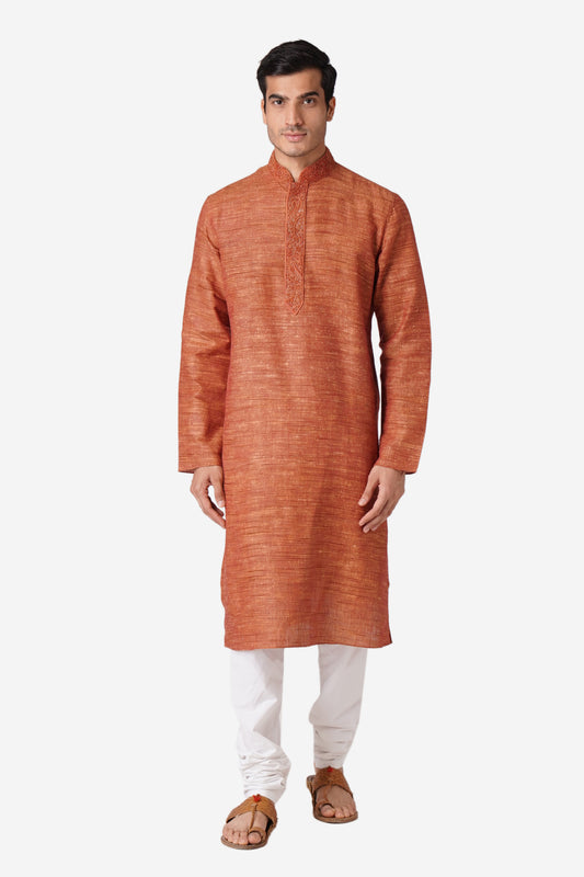 Full Sleeve Solid Kurta and Churidar Set in Red Khadi Cotton