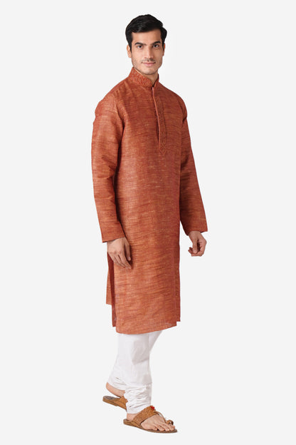 Full Sleeve Solid Kurta and Churidar Set in Red Khadi Cotton