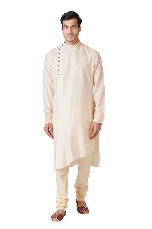 Full Sleeve Solid Kurta and Churidar Set in White Cotton Blend
