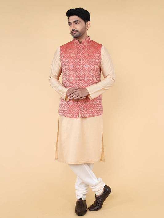 Red and beige self jaquard Jacket