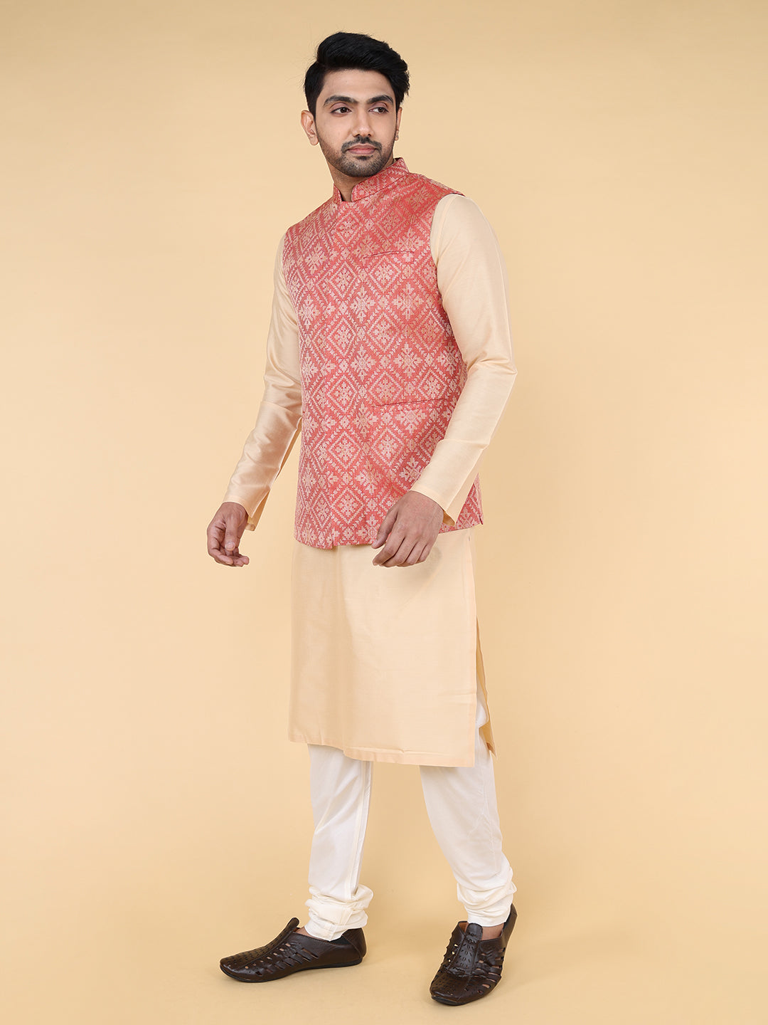 Red and beige self jaquard Jacket