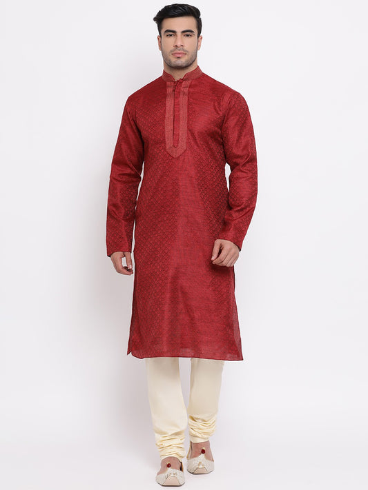 Full Sleeve Printed Kurta and Churidar Set in Maroon Jacquard