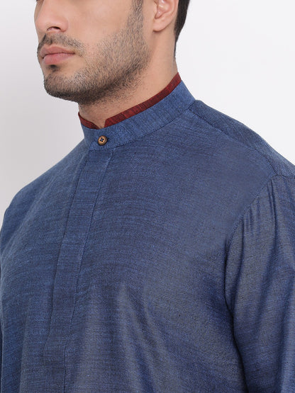 Full Sleeve Solid Kurta and Churidar Set in Blue Cotton Blend