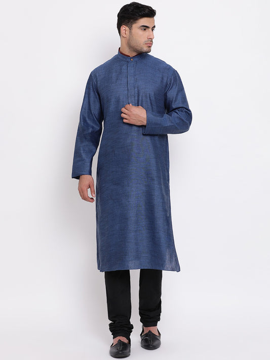 Full Sleeve Solid Kurta and Churidar Set in Blue Cotton Blend