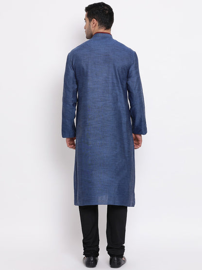 Full Sleeve Solid Kurta and Churidar Set in Blue Cotton Blend